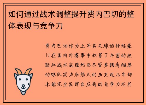 如何通过战术调整提升费内巴切的整体表现与竞争力