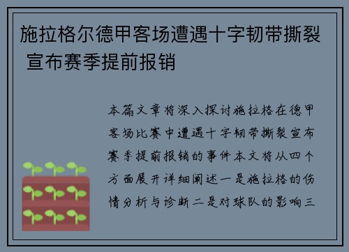 施拉格尔德甲客场遭遇十字韧带撕裂 宣布赛季提前报销